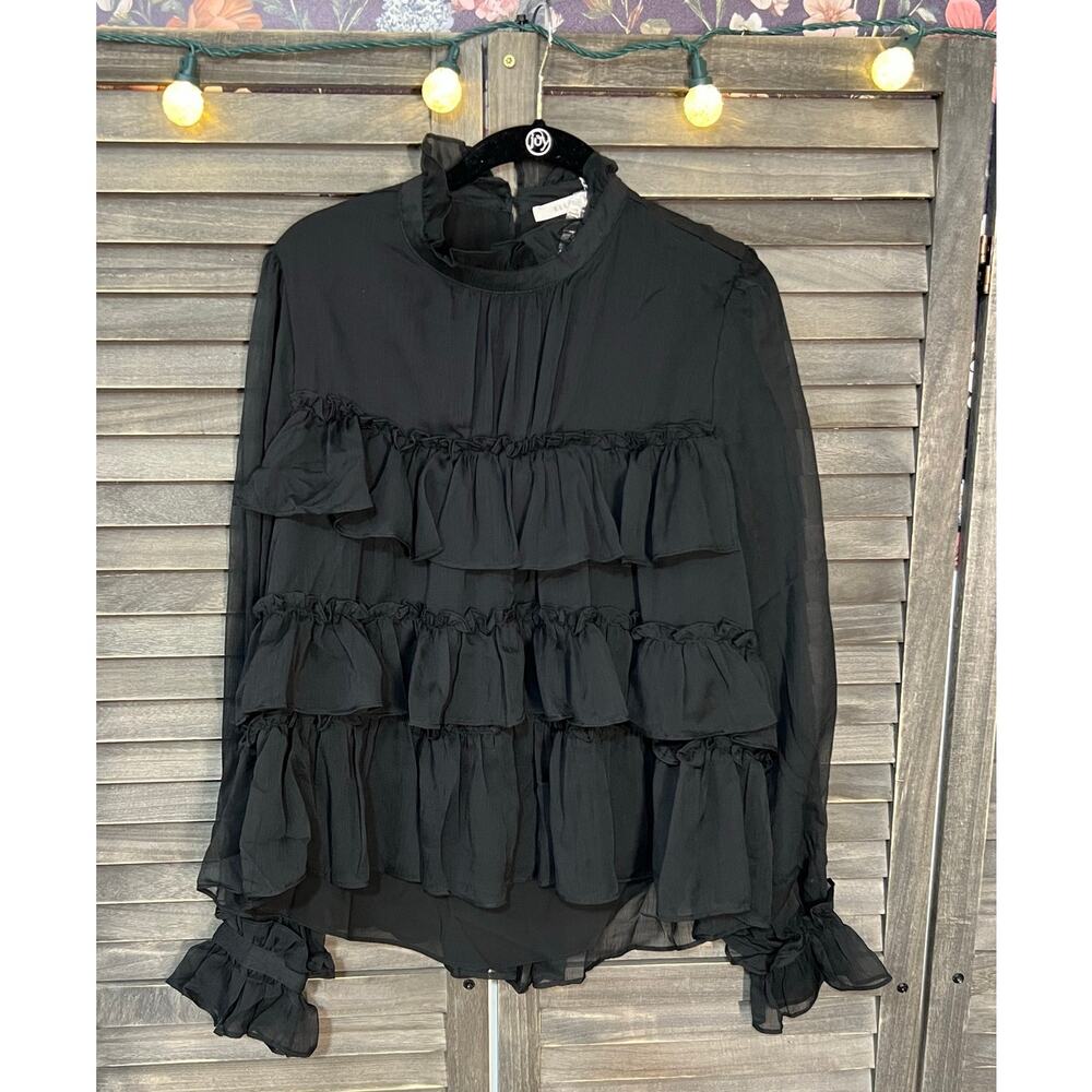 Ellison Black Tiered Ruffle Blouse NWT Medium Sheer Romantic Statement Top